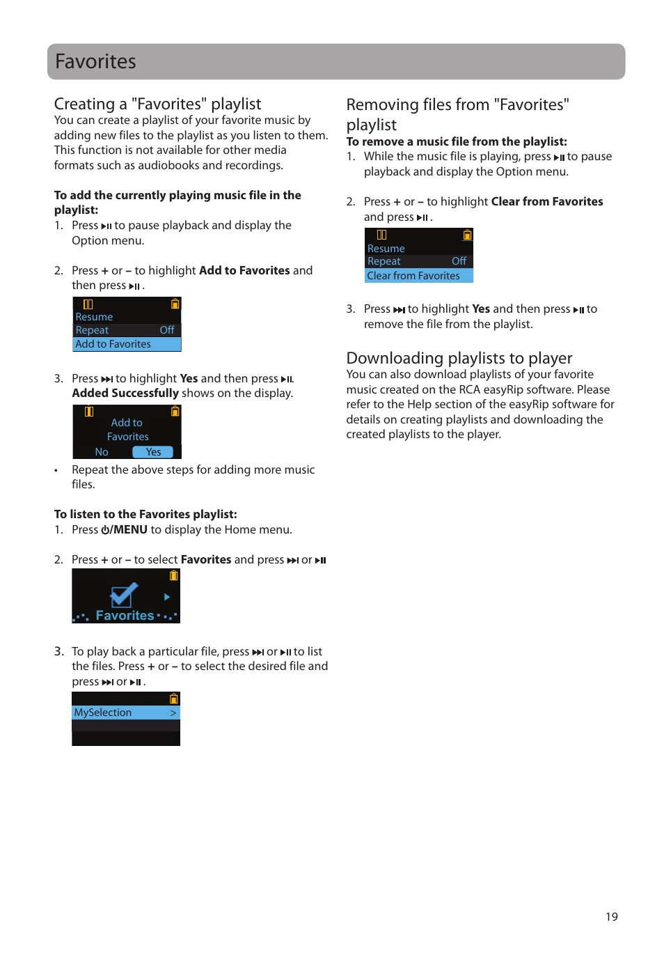 Removing files from "favorites"playlist, Downloading playlists to player, Favorites | Creating a "favorites" playlist, Removing files from "favorites" playlist | RCA TH1804 User Manual | Page 19 / 25