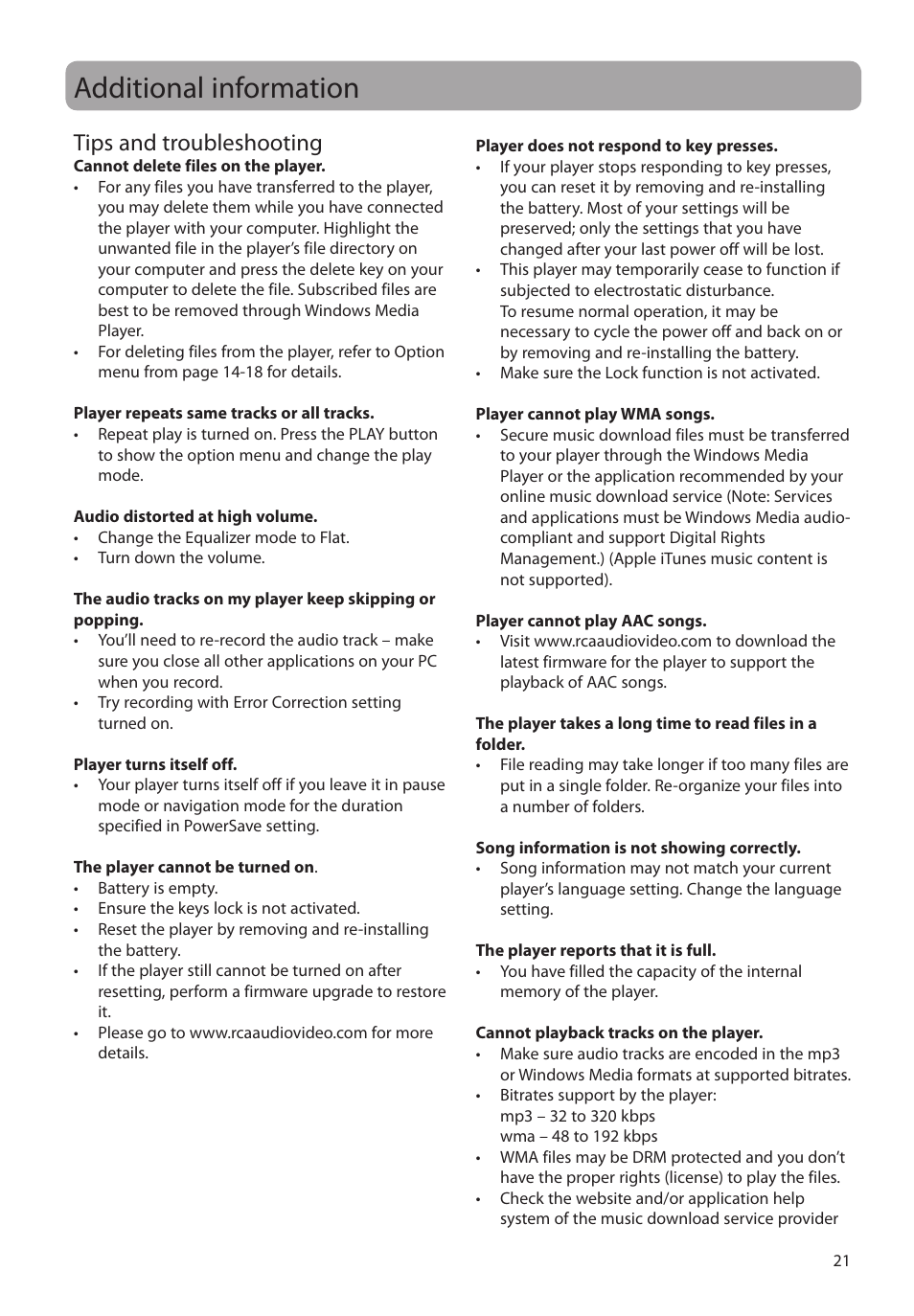 Additional information, Tips and troubleshooting | RCA TH1804 User Manual | Page 21 / 25