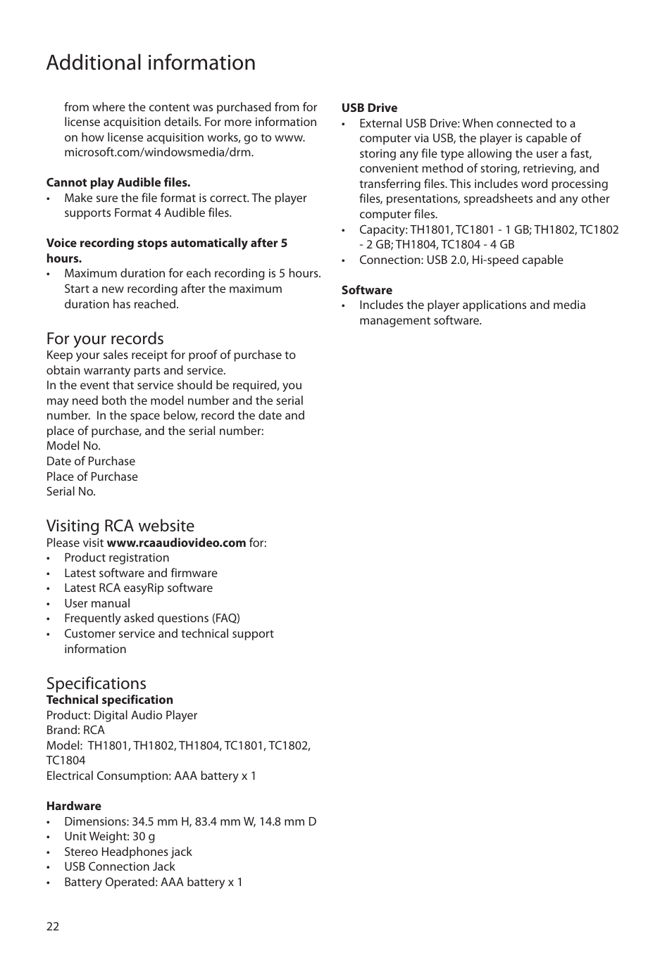 For your records, Visiting rca website, Specifications | Warranty information, Limited warranty, Additional information | RCA TH1804 User Manual | Page 22 / 25