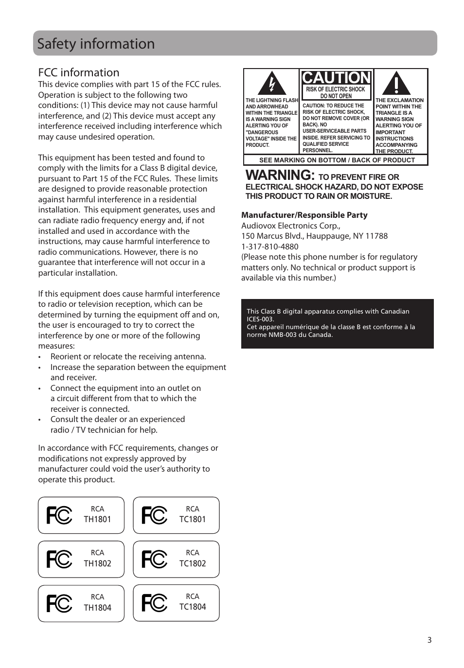 Safety information, Fcc information, Caution | Warning | RCA TH1804 User Manual | Page 3 / 25