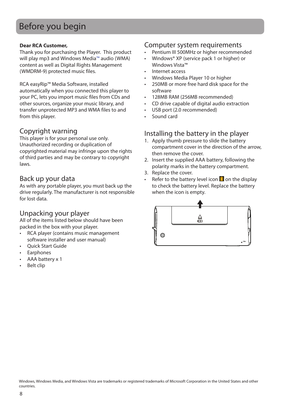 Before you begin, Copyright warning, Back up your data | Unpacking your player, Computer system requirements, Installing the battery in the player | RCA TH1804 User Manual | Page 8 / 25