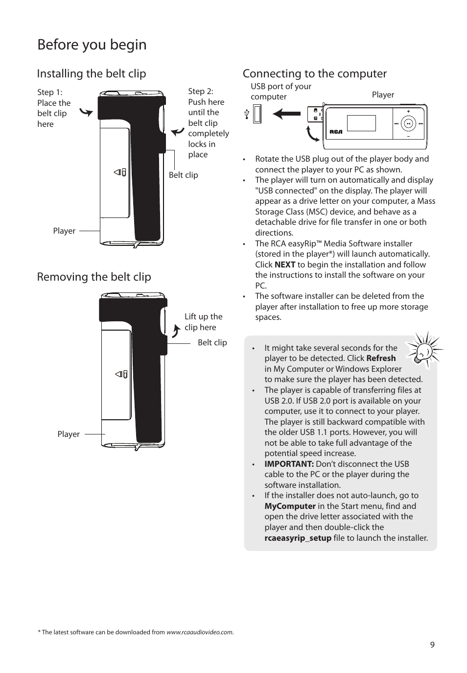 Installing the belt clip, Removing the belt clip, Connecting to the computer | Before you begin, Installing the belt clip removing the belt clip | RCA TH1804 User Manual | Page 9 / 25