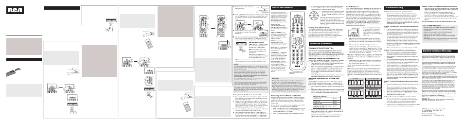 Care and maintenance, Changing a key’s device type, Code retrieval | Accessing device menus and guides, Exiting menu/guide mode | RCA RCR4383N User Manual | Page 2 / 4