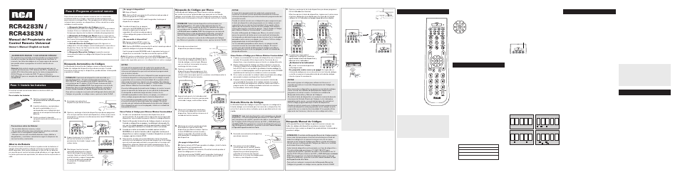 Ahorro de batería, Owner’s manual (english on back), Búsqueda automática de códigos | Búsqueda de códigos por marca, Entrada directa de códigos, Búsqueda manual de códigos | RCA RCR4383N User Manual | Page 3 / 4