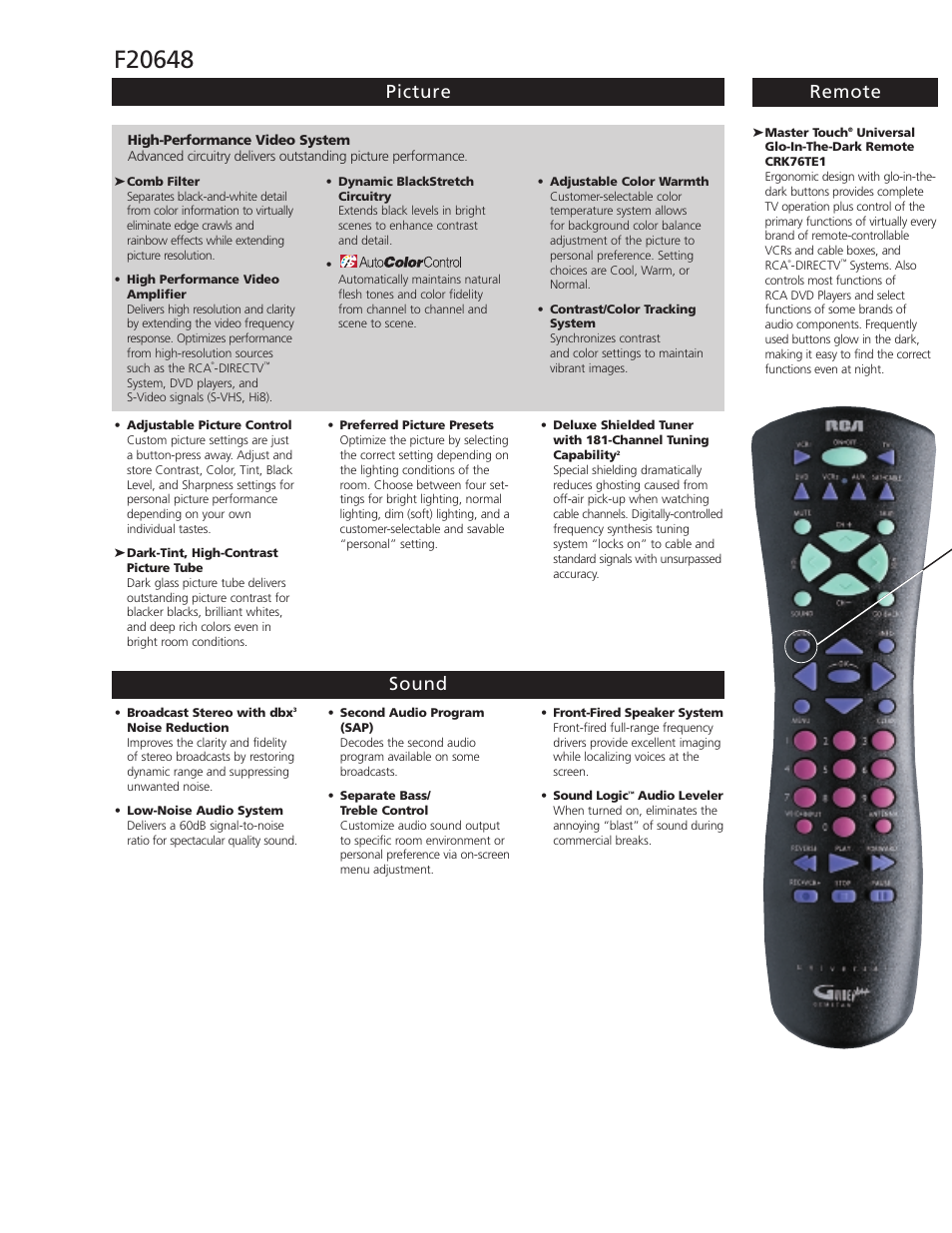 Picture remote sound | RCA F20648 User Manual | Page 2 / 4