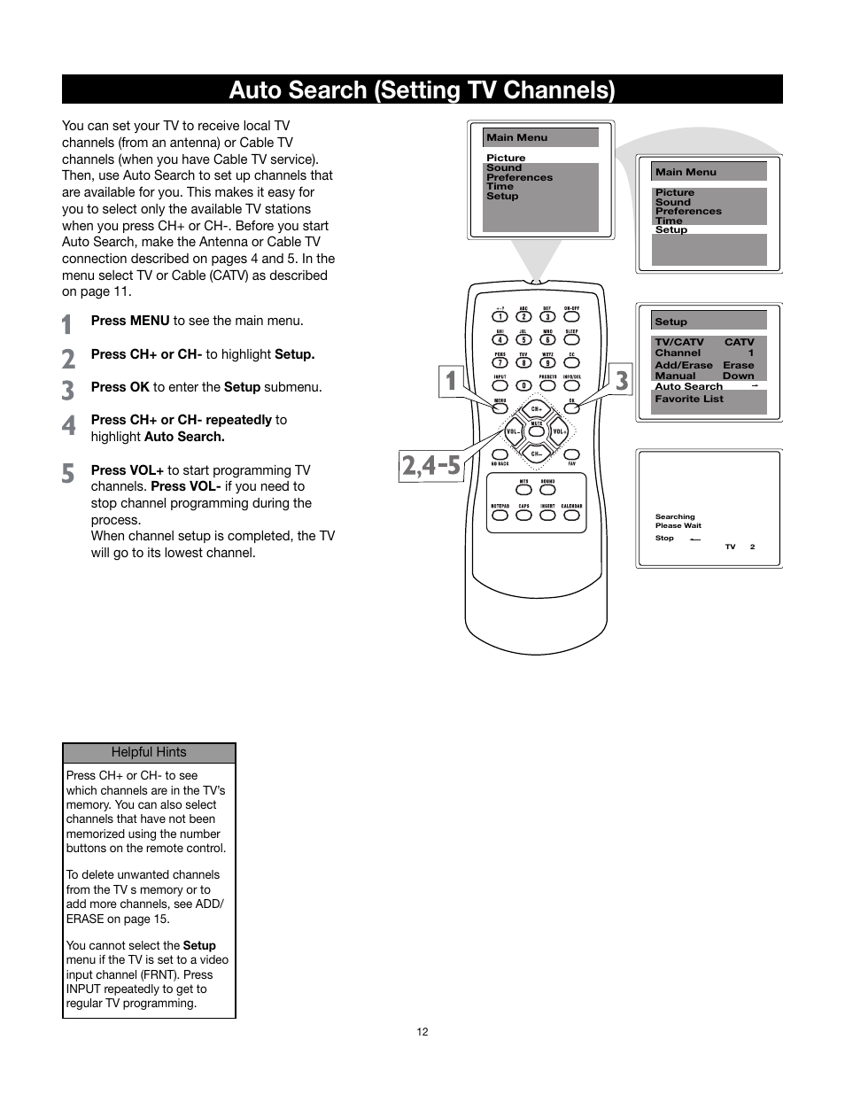 Auto search (setting tv channels) | RCA 14F512T User Manual | Page 13 / 41