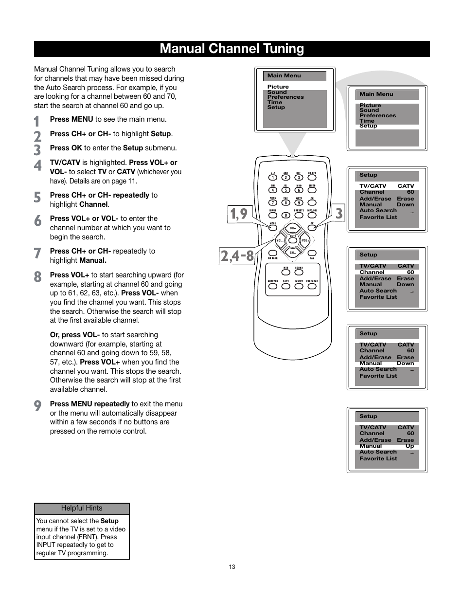 Manual channel tuning | RCA 14F512T User Manual | Page 14 / 41