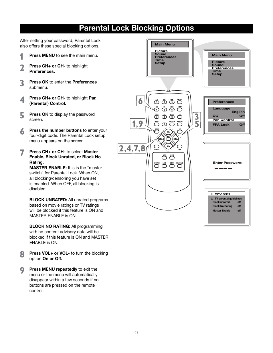 Parental lock blocking options | RCA 14F512T User Manual | Page 28 / 41