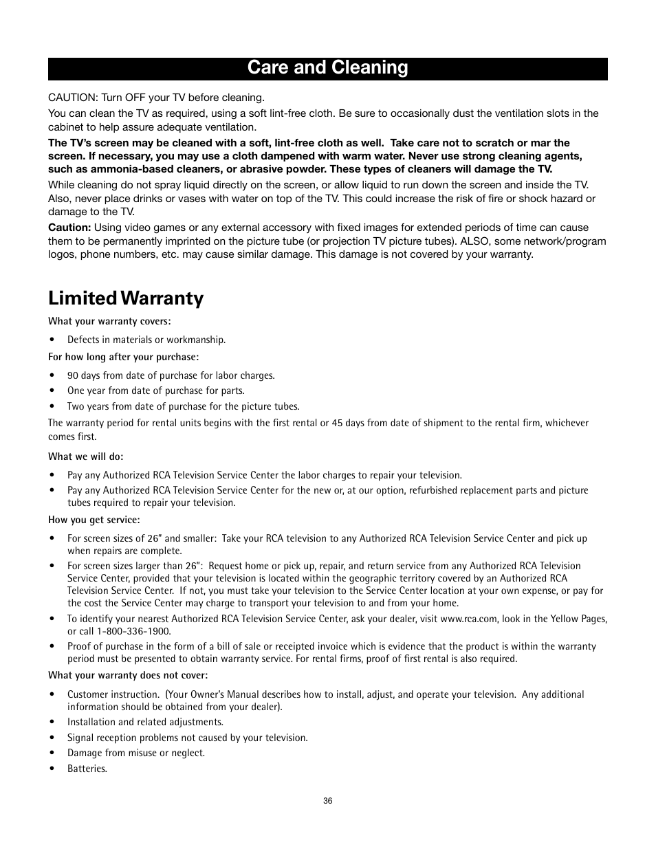 Limited warranty, Care and cleaning | RCA 14F512T User Manual | Page 37 / 41