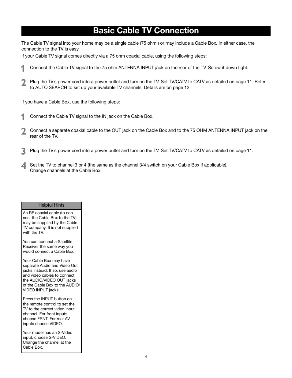 Basic cable tv connection | RCA 14F512T User Manual | Page 5 / 41