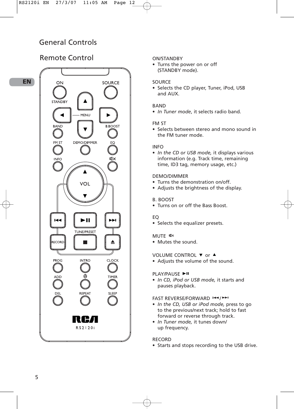 Remote control, General controls | RCA 5643738A User Manual | Page 10 / 28
