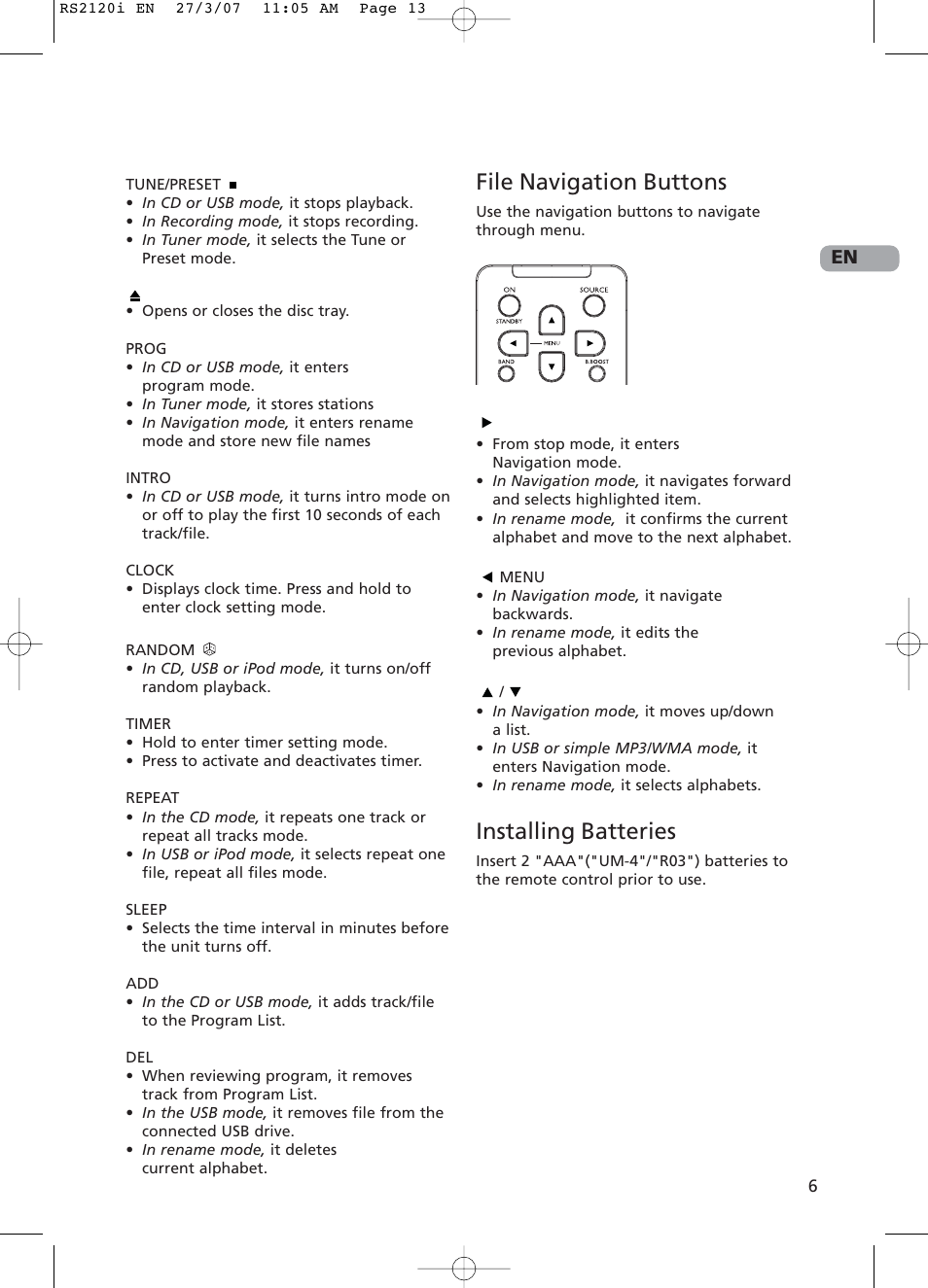 File navigation buttons, Installing batteries | RCA 5643738A User Manual | Page 11 / 28