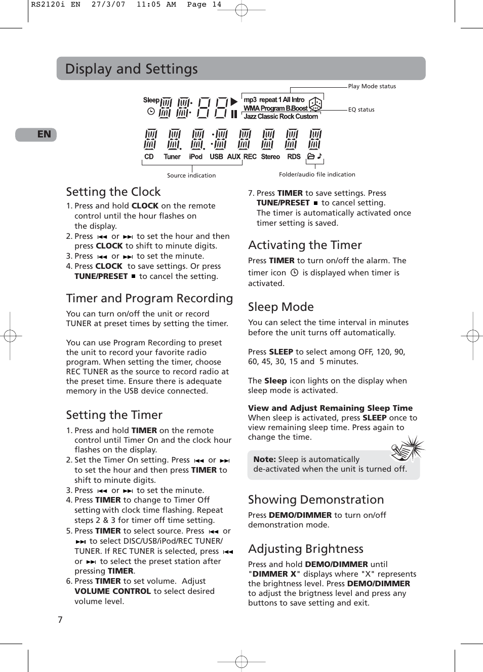 Display and settings, Setting the clock, Timer and program recording | Setting the timer, Activating the timer, Sleep mode, Showing demonstration, Adjusting brightness | RCA 5643738A User Manual | Page 12 / 28