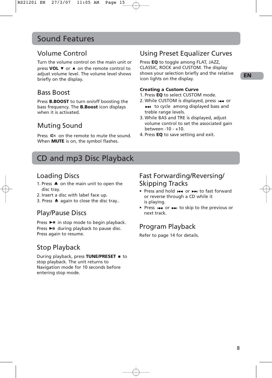 Sound features, Cd and mp3 disc playback, Loading discs | Play/pause discs, Stop playback, Fast forwarding/reversing/ skipping tracks, Program playback, Volume control, Bass boost, Muting sound | RCA 5643738A User Manual | Page 13 / 28