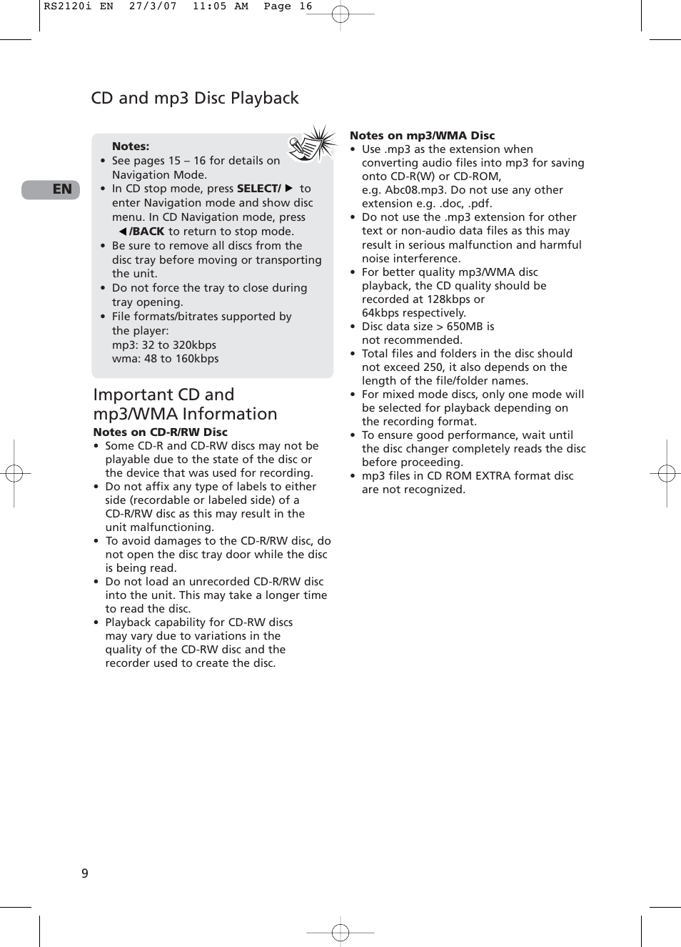 Cd and mp3 disc playback, Important cd and mp3/wma information | RCA 5643738A User Manual | Page 14 / 28