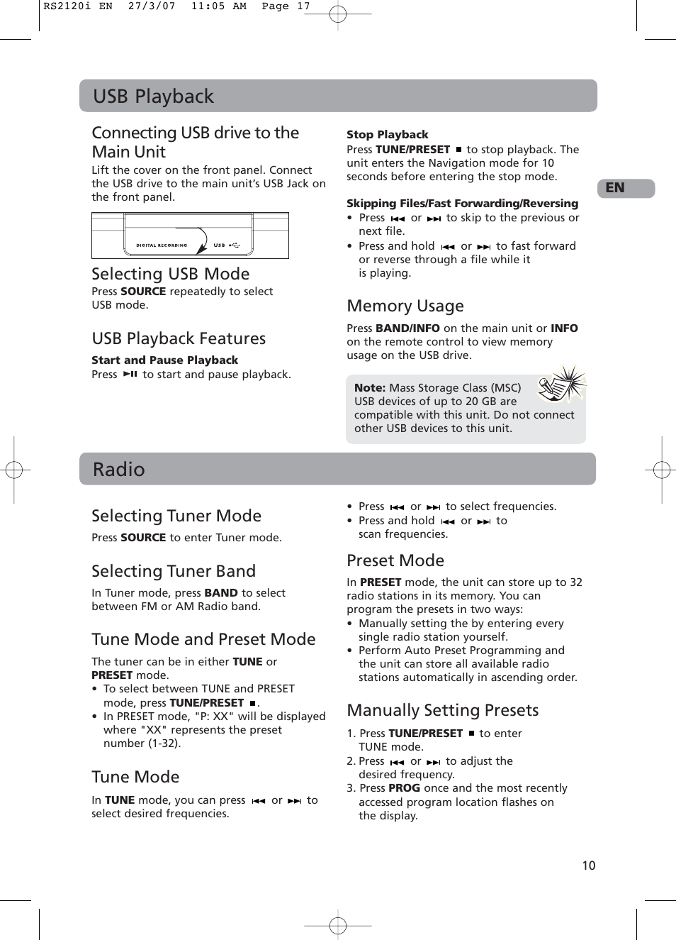 Usb playback, Radio, Connecting usb drive to the main unit | Selecting usb mode, Usb playback features, Selecting tuner mode, Selecting tuner band, Tune mode and preset mode, Tune mode, Preset mode | RCA 5643738A User Manual | Page 15 / 28