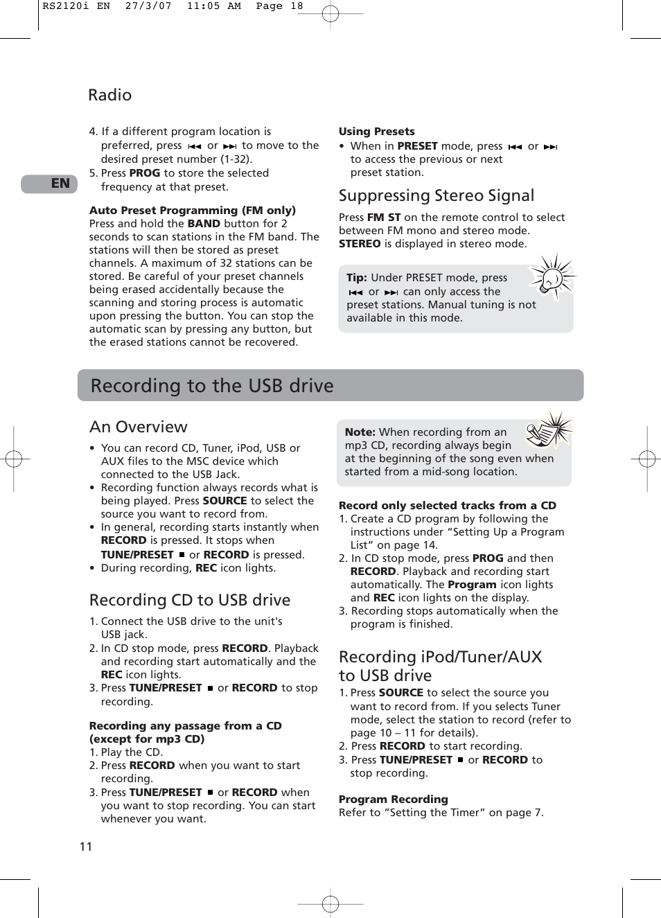 Recording to the usb drive, An overview, Recording cd to usb drive | Recording ipod/tuner/aux to usb drive, Radio, Suppressing stereo signal | RCA 5643738A User Manual | Page 16 / 28