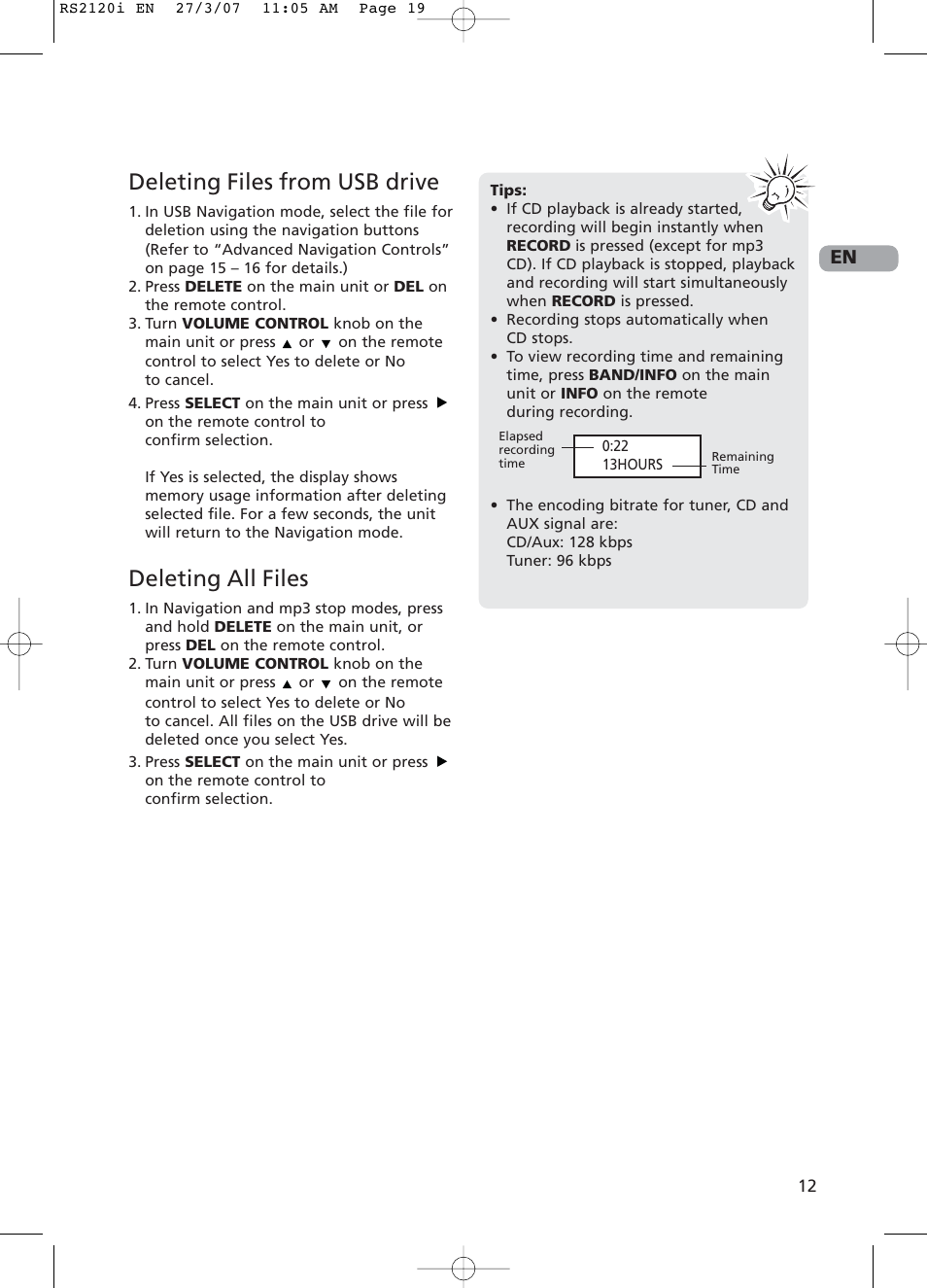 Deleting files from usb drive, Deleting all files | RCA 5643738A User Manual | Page 17 / 28
