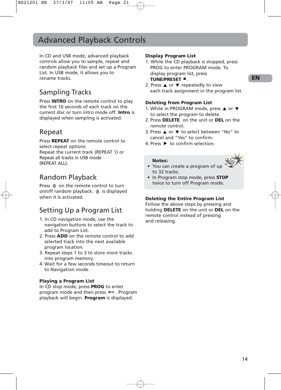 Advanced playback controls, Sampling tracks, Repeat | Random playback, Setting up a program list | RCA 5643738A User Manual | Page 19 / 28