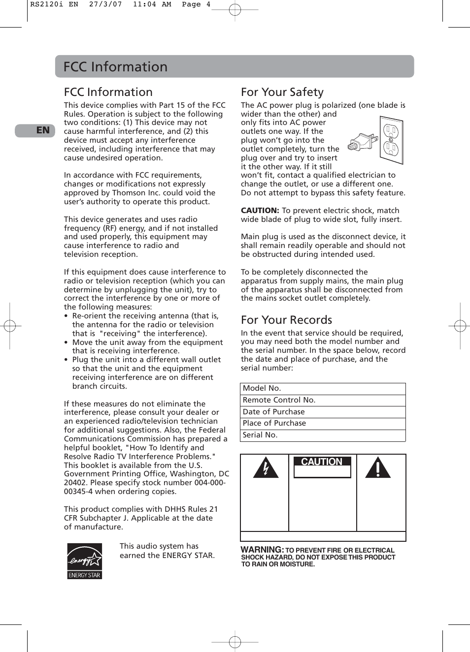 Fcc information, For your safety, For your records | Caution | RCA 5643738A User Manual | Page 2 / 28