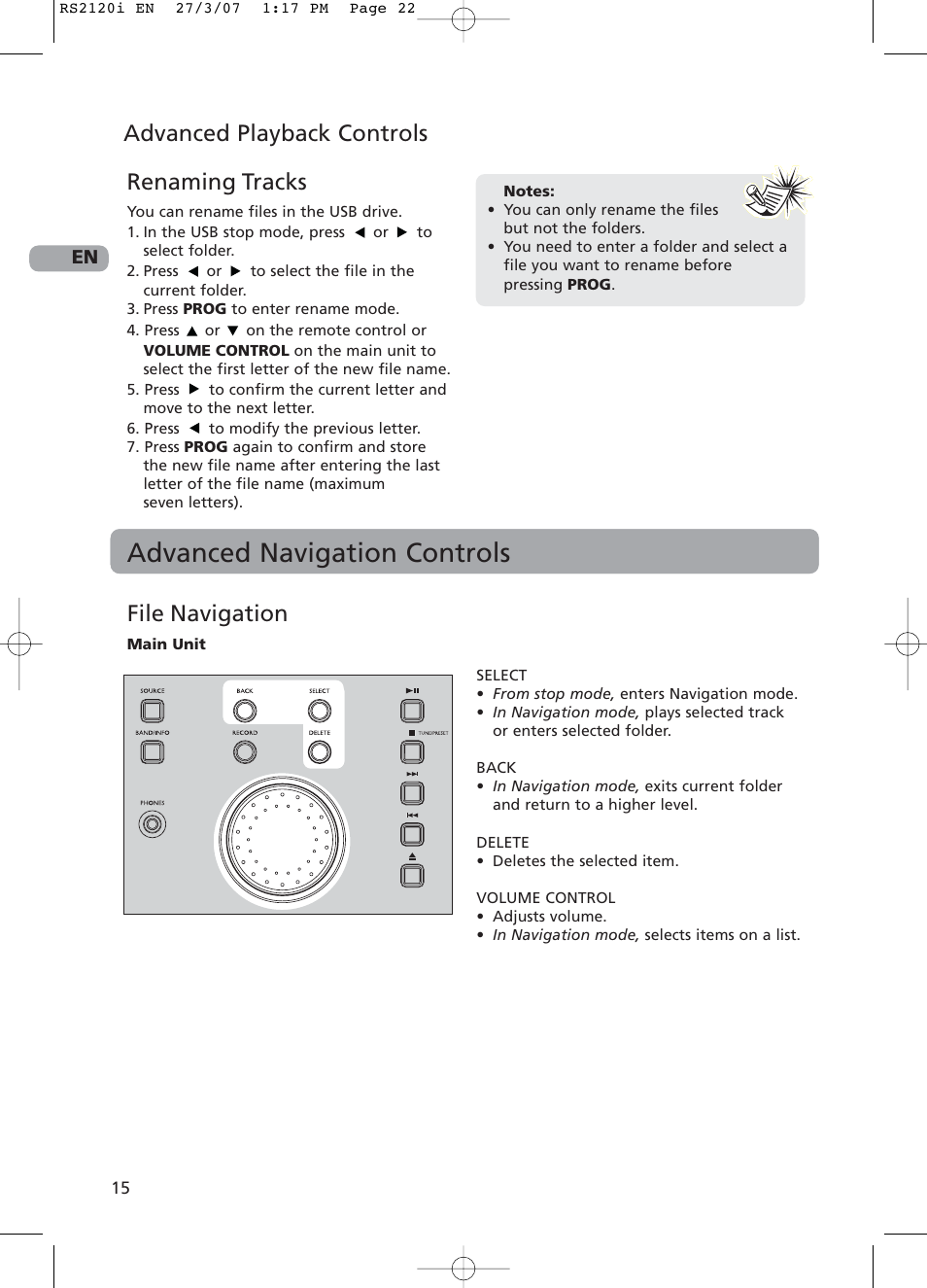 Advanced navigation controls, Advanced playback controls, File navigation | Renaming tracks | RCA 5643738A User Manual | Page 20 / 28
