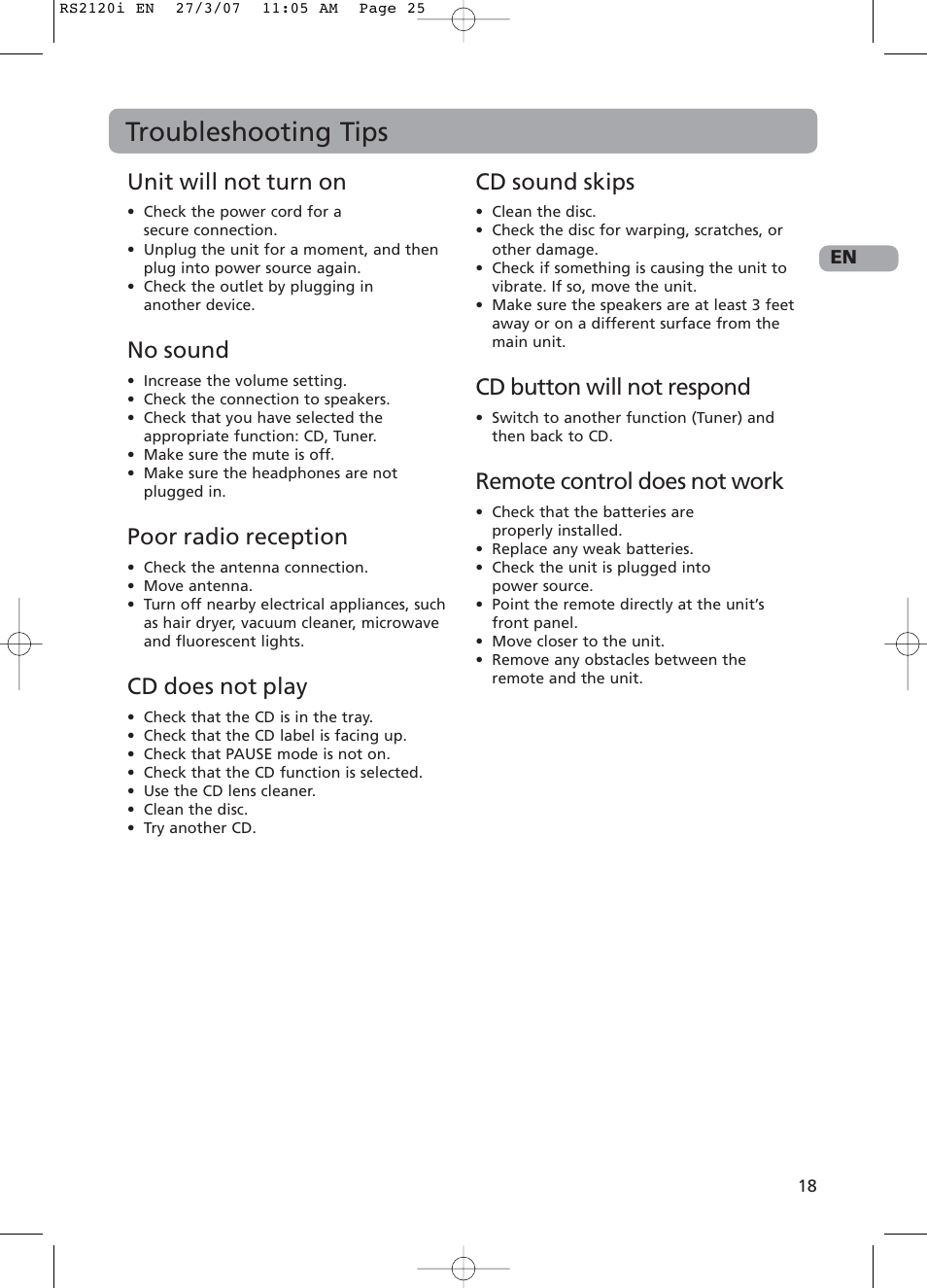 Troubleshooting tips, Unit will not turn on, No sound | Poor radio reception, Cd does not play, Cd sound skips, Cd button will not respond, Remote control does not work | RCA 5643738A User Manual | Page 23 / 28