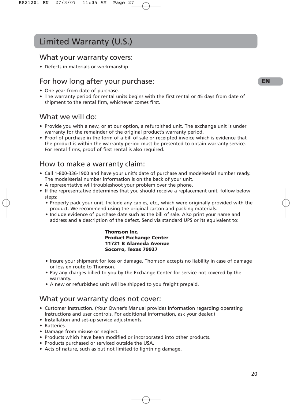 Limited warranty (u.s.), What your warranty covers, For how long after your purchase | What we will do, How to make a warranty claim, What your warranty does not cover | RCA 5643738A User Manual | Page 25 / 28