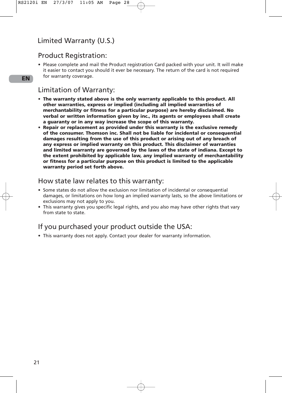Product registration, Limitation of warranty, How state law relates to this warranty | If you purchased your product outside the usa, Limited warranty (u.s.) | RCA 5643738A User Manual | Page 26 / 28