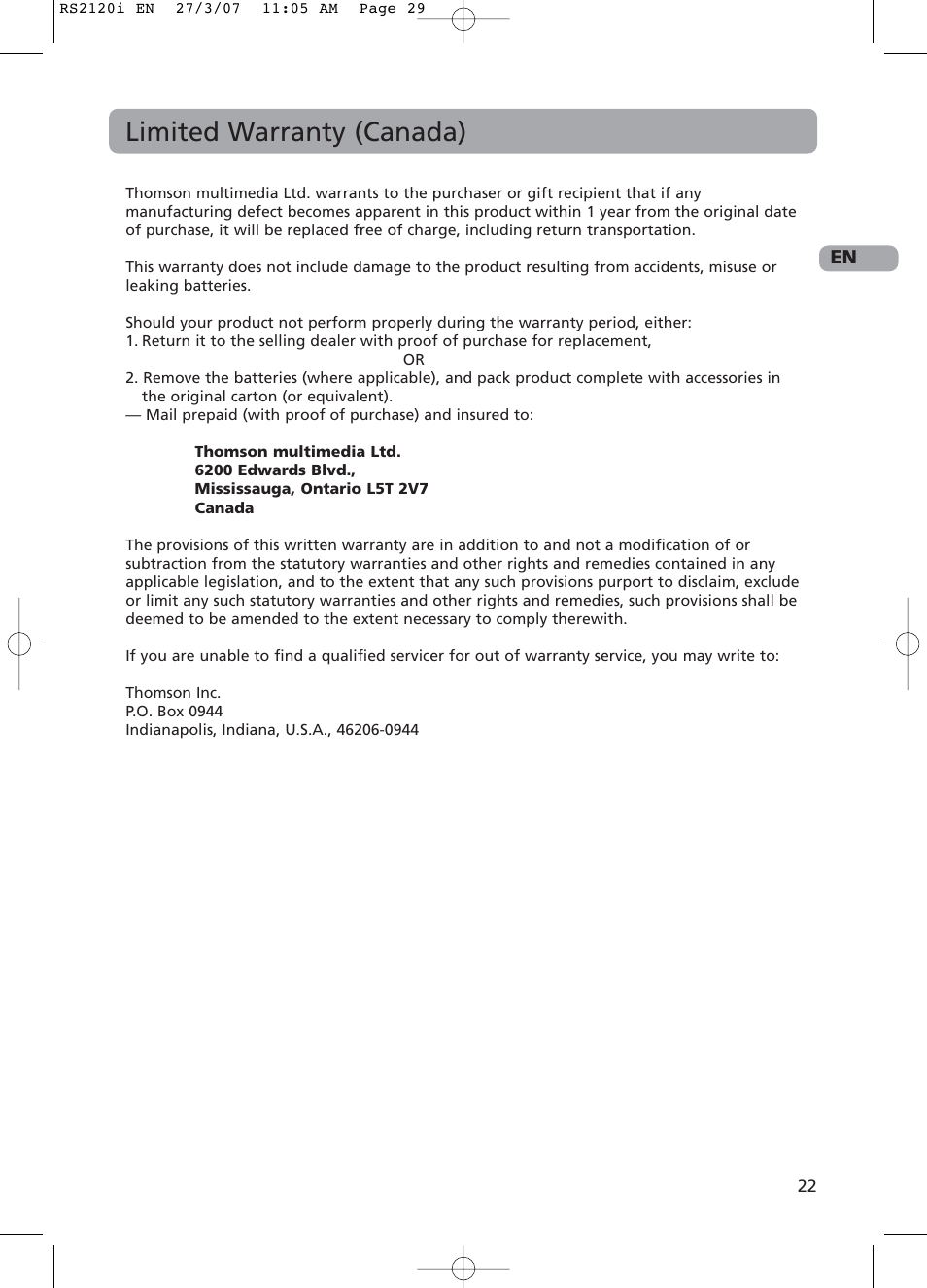 Limited warranty (canada) | RCA 5643738A User Manual | Page 27 / 28