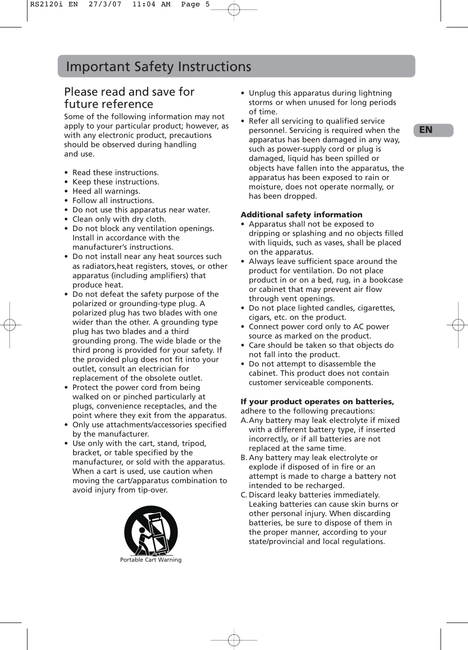 Important safety instructions, Please read and save for future reference | RCA 5643738A User Manual | Page 3 / 28