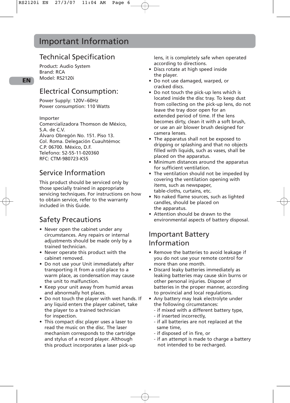 Important information, Technical specification, Electrical consumption | Service information, Safety precautions, Important battery information | RCA 5643738A User Manual | Page 4 / 28