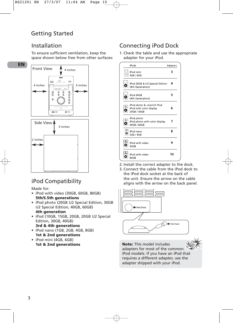 Installation, Ipod compatibility, Connecting ipod dock | Getting started | RCA 5643738A User Manual | Page 8 / 28