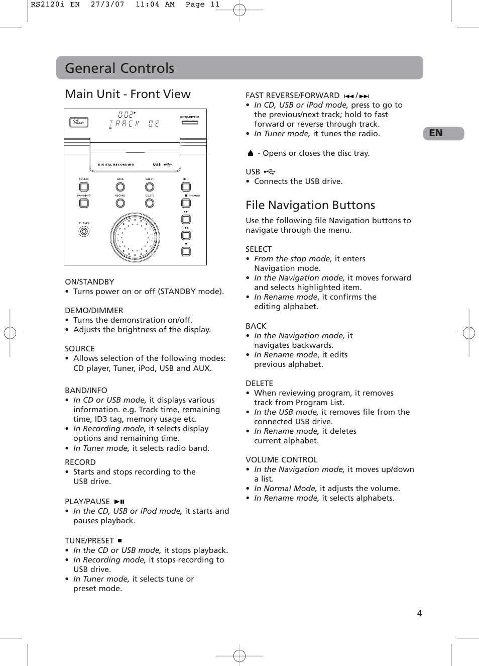 General controls, Main unit - front view, File navigation buttons | RCA 5643738A User Manual | Page 9 / 28