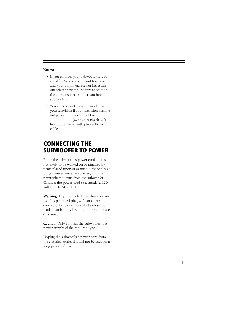 Connecting the subwoofer to power | RCA 6-Piece Home Theater Speaker Package User Manual | Page 12 / 17