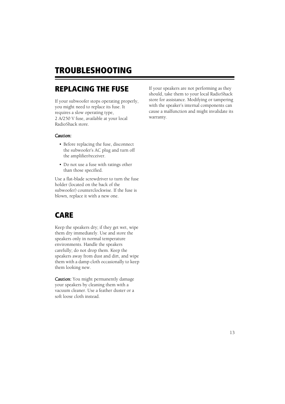 Replacing the fuse care, Troubleshooting, Replacing the fuse | Care | RCA 6-Piece Home Theater Speaker Package User Manual | Page 14 / 17