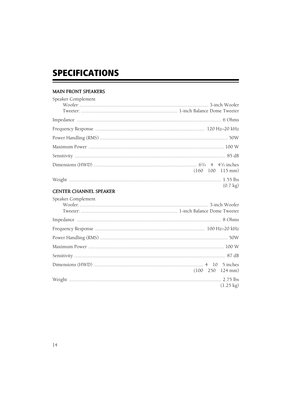 Specifications | RCA 6-Piece Home Theater Speaker Package User Manual | Page 15 / 17