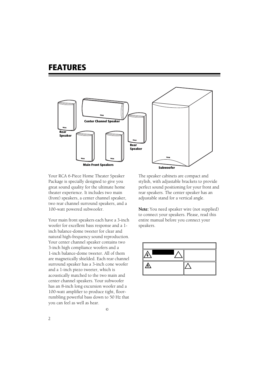 Features | RCA 6-Piece Home Theater Speaker Package User Manual | Page 3 / 17