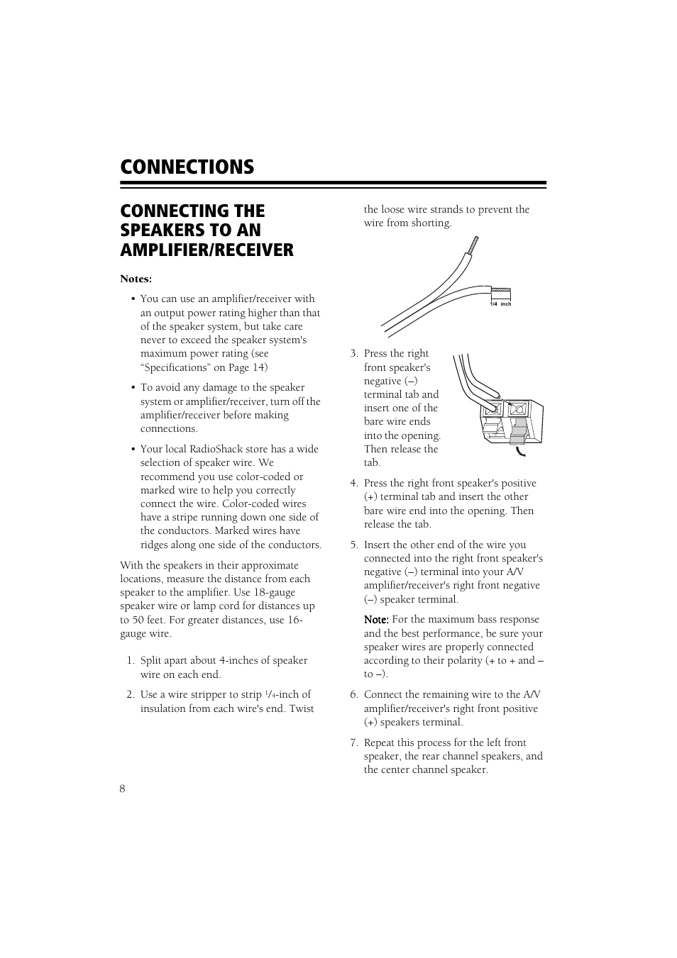 Connections, Connecting the speakers to an amplifier/receiver | RCA 6-Piece Home Theater Speaker Package User Manual | Page 9 / 17