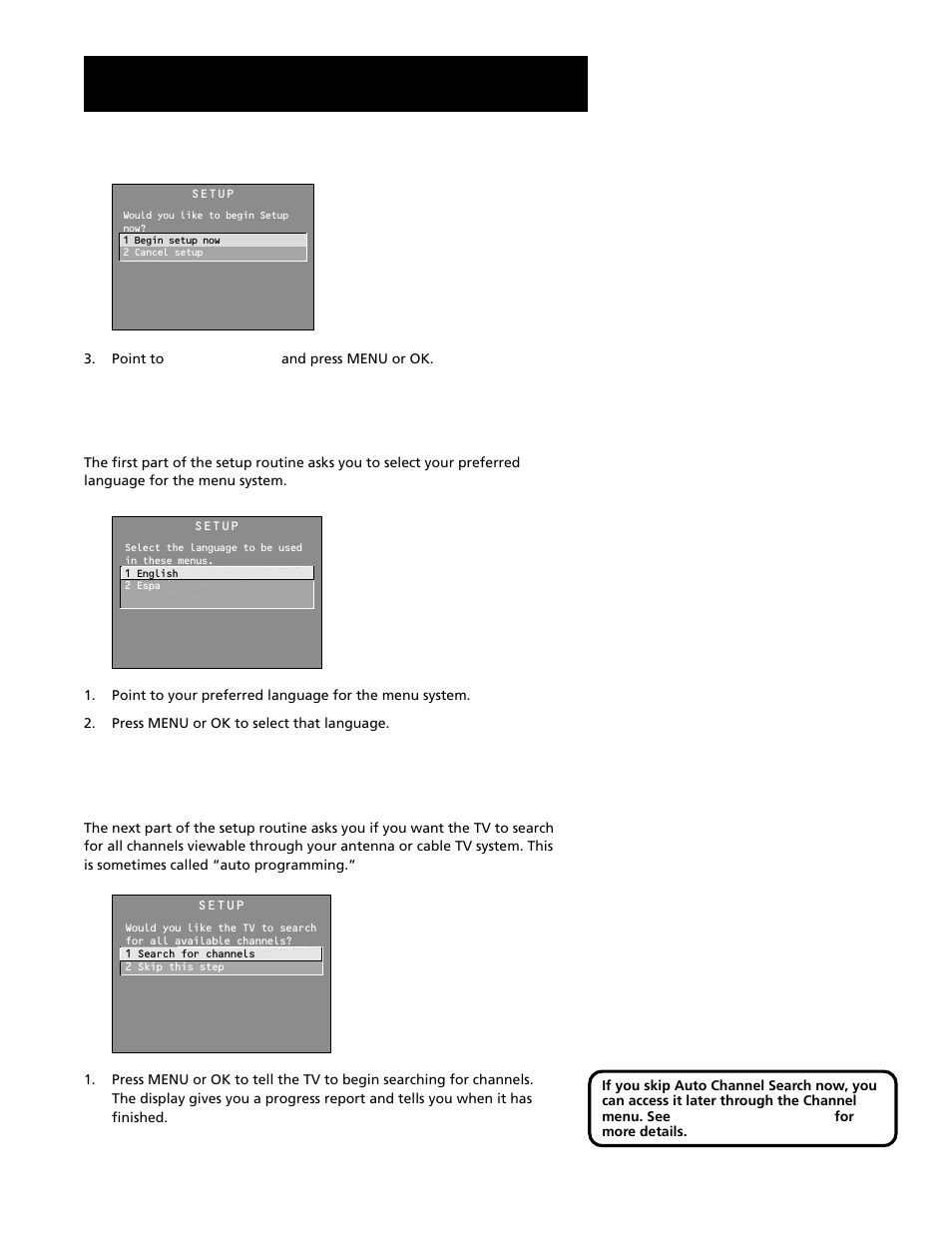 Selecting a language, Auto channel search, Interactive setup | RCA G27669 User Manual | Page 15 / 64