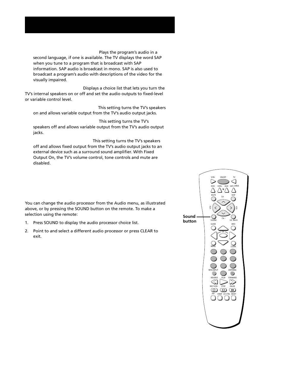 Using the remote to select an audio processor, Using the menu system, Sound button | RCA G27669 User Manual | Page 33 / 64