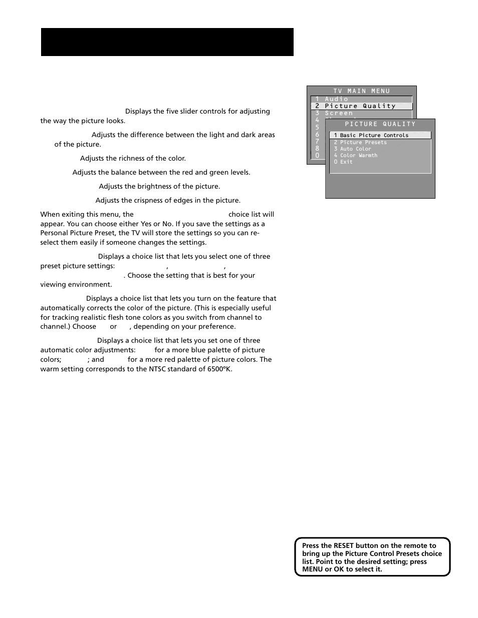 Picture quality menu, Using the menu system | RCA G27669 User Manual | Page 34 / 64