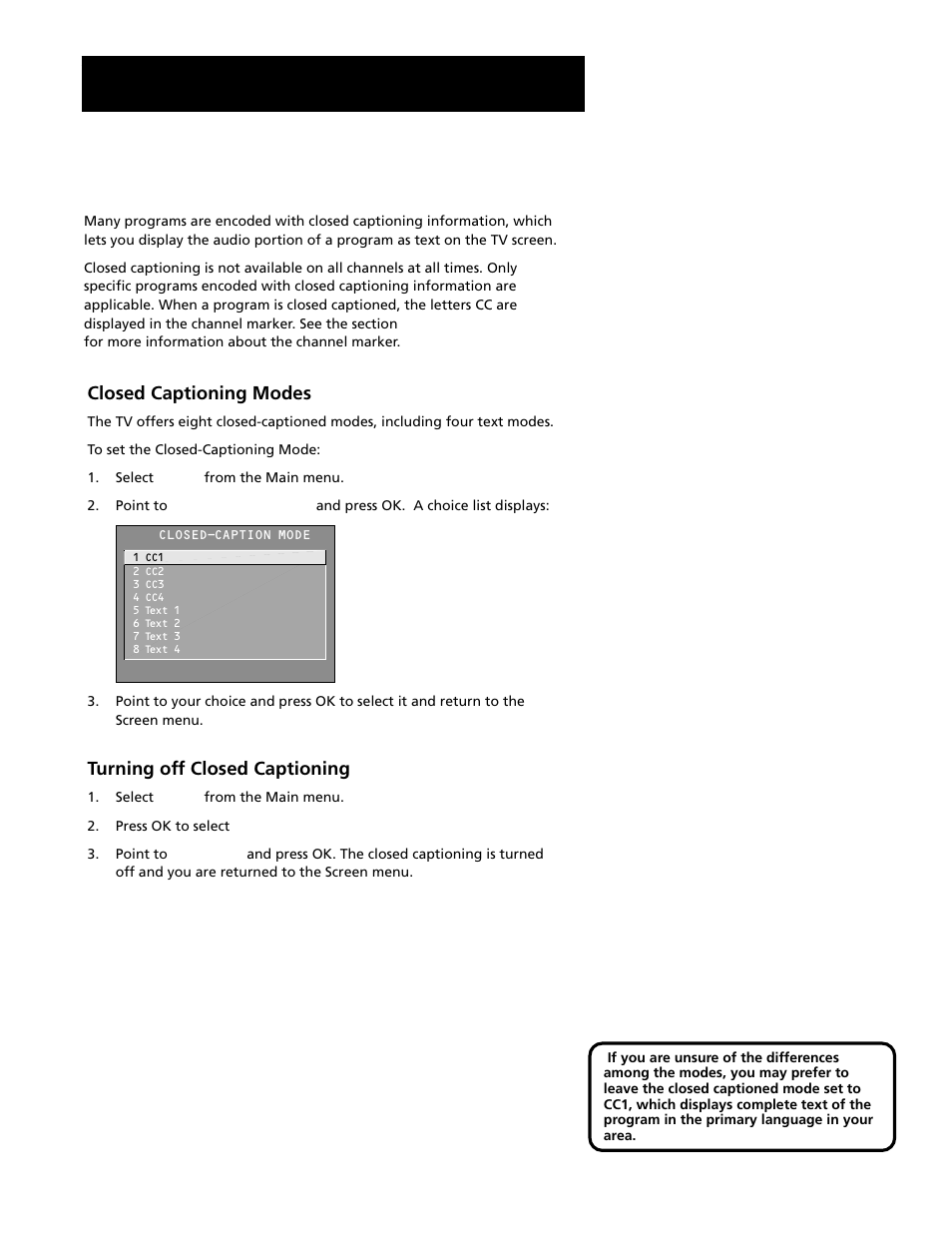 Using closed captioning, Using the menu system | RCA G27669 User Manual | Page 36 / 64