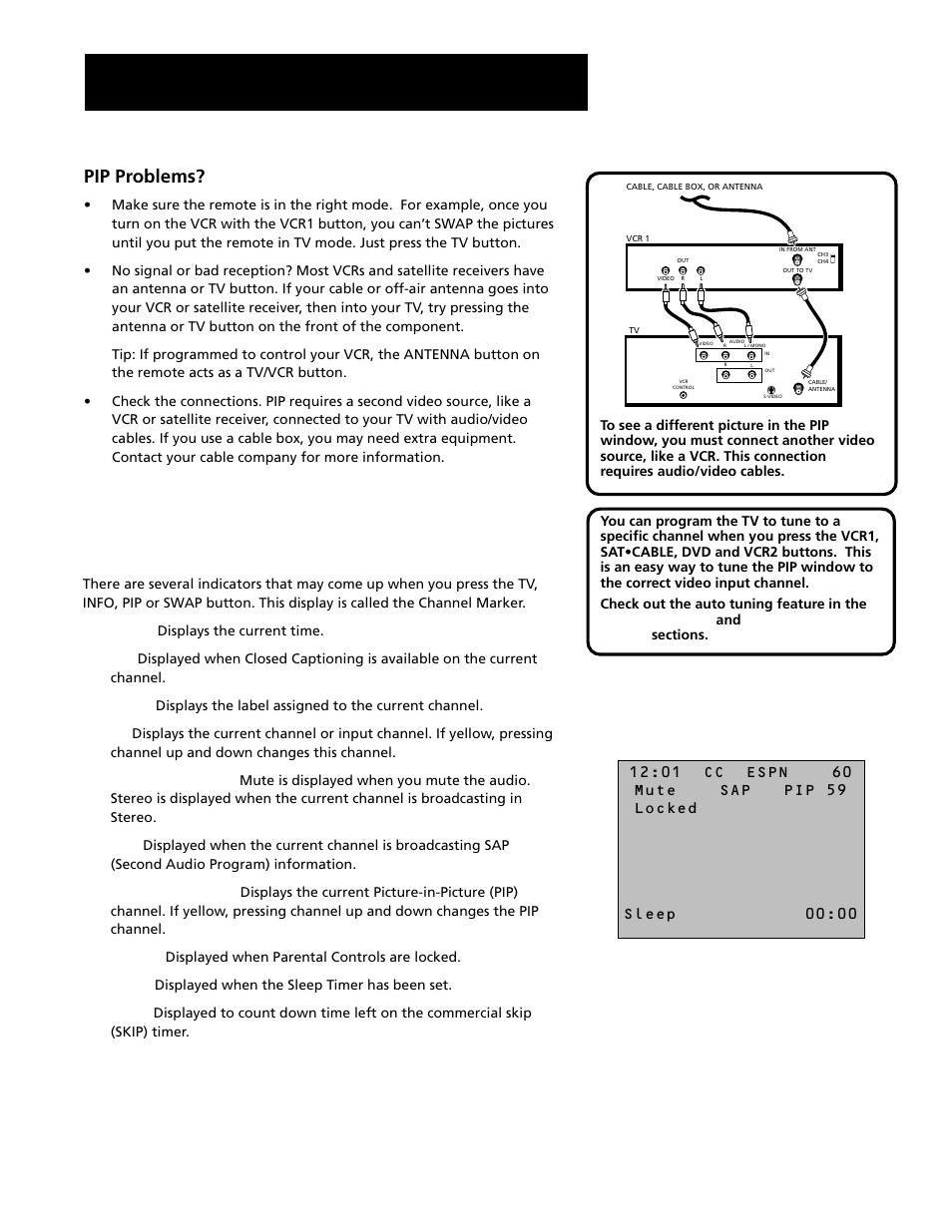 Channel marker, Features and controls, Pip problems | RCA G27669 User Manual | Page 48 / 64