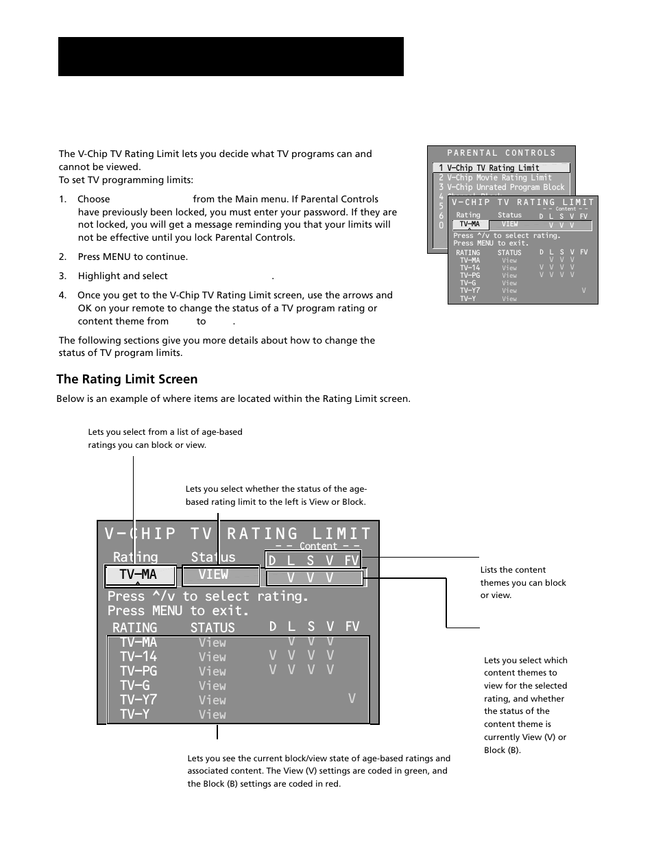 V-chip tv rating limit, Features and controls, Rating status tv-ma view | Tv-14, Tv-pg, Tv-g, Tv-y7, Tv-y, View, The rating limit screen | RCA G27669 User Manual | Page 50 / 64