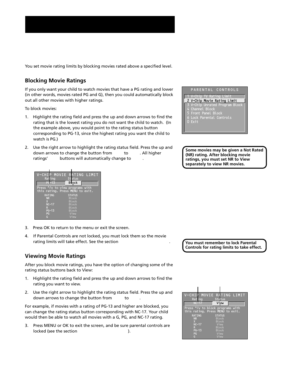 V-chip movie rating limit, Features and controls, Blocking movie ratings | Viewing movie ratings | RCA G27669 User Manual | Page 54 / 64