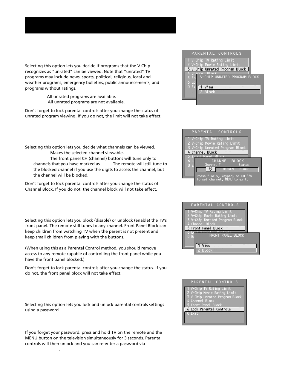 V-chip unrated program block, Channel block, Front panel block | Lock/unlock parental controls, Features and controls | RCA G27669 User Manual | Page 55 / 64
