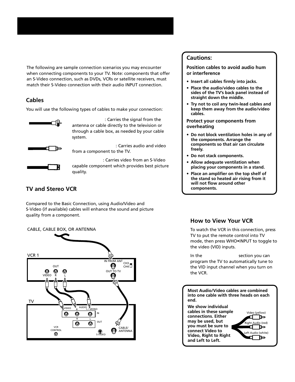 Sample connections, Setup and connections, Cautions | How to view your vcr, Tv and stereo vcr, Cables | RCA G27669 User Manual | Page 9 / 64