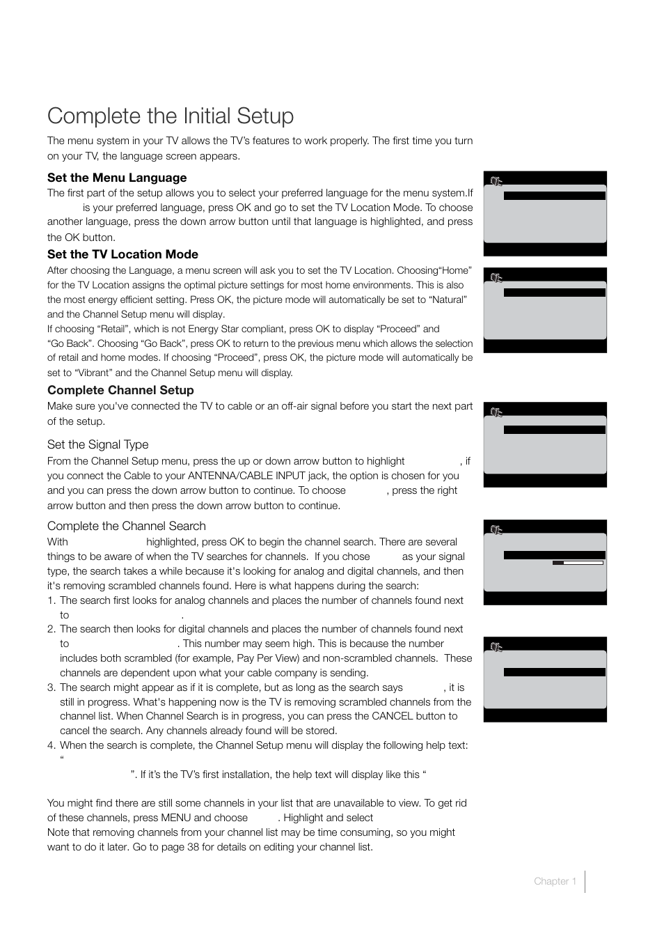 Complete the initial setup, Set the menu language, Set the tv location mode | Complete channel setup, Set the signal type, Complete the channel search | RCA L52FHD38 User Manual | Page 17 / 52