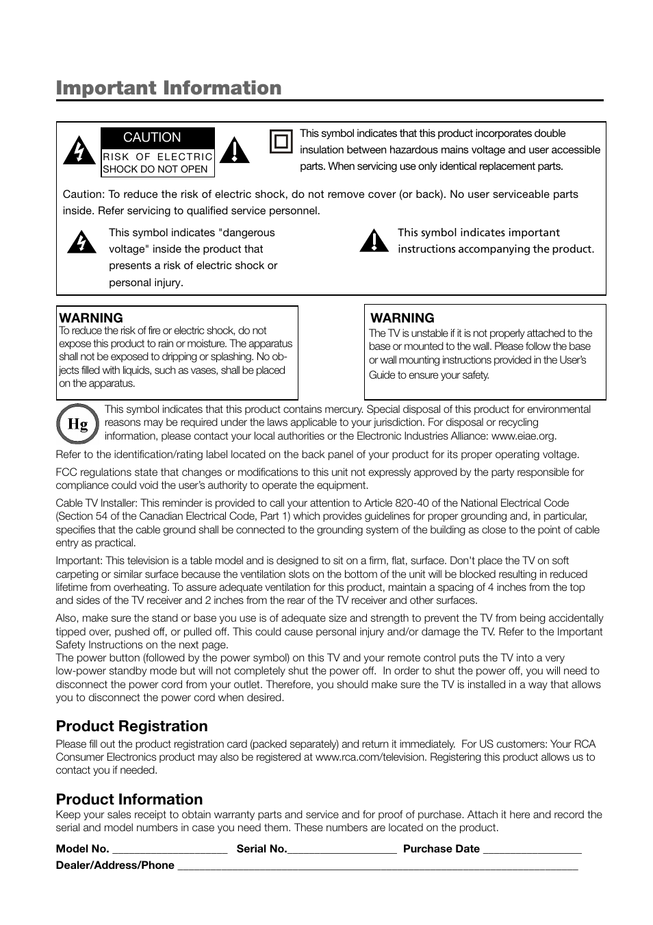Important information, Product registration, Product information | RCA L52FHD38 User Manual | Page 2 / 52
