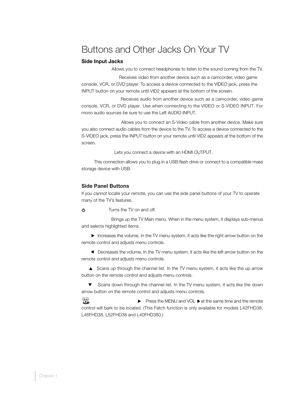 Buttons and other jacks on your tv | RCA L52FHD38 User Manual | Page 20 / 52